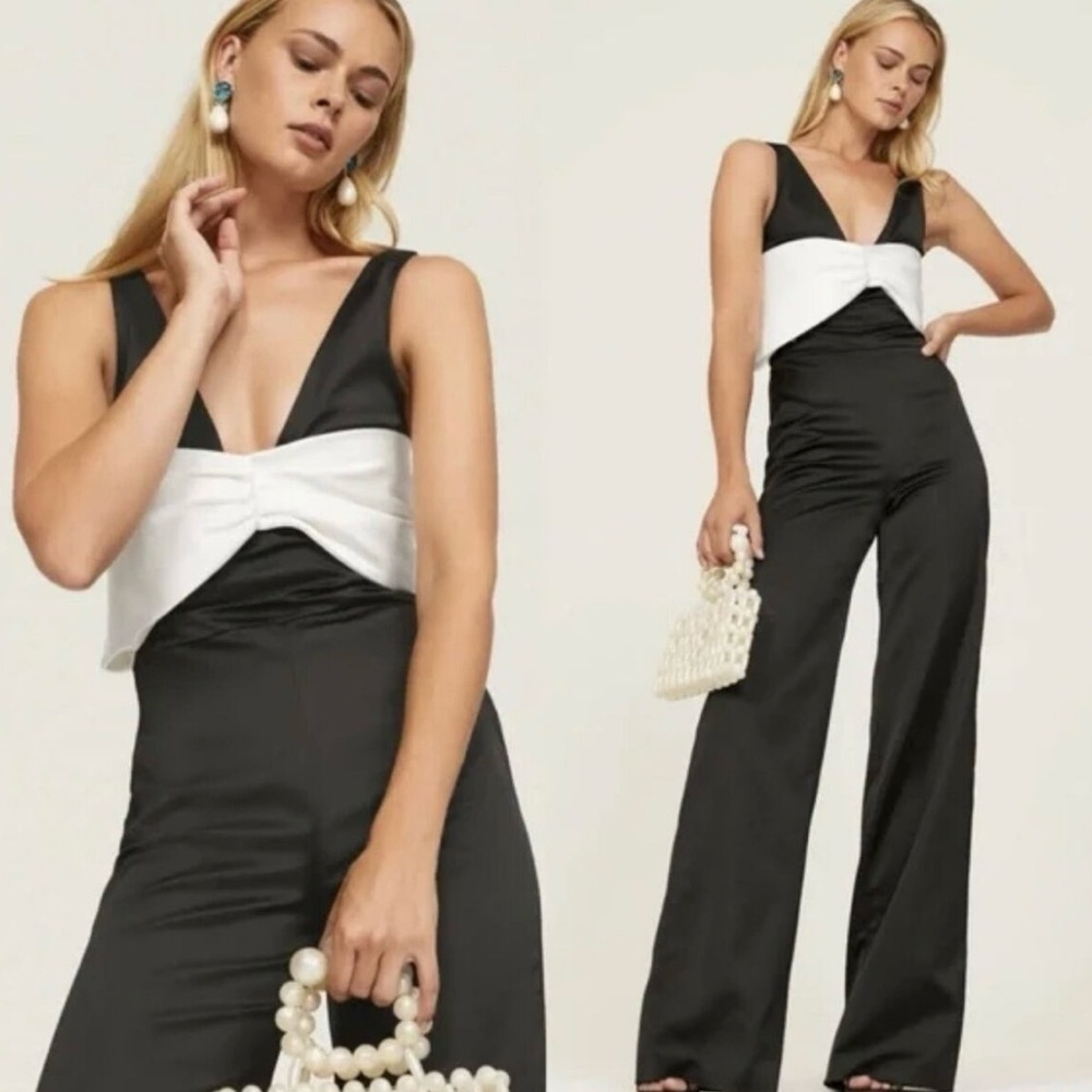Alexis Marinna Jumpsuit Large Wide Leg Front Bow Sleeveless Formal Black White